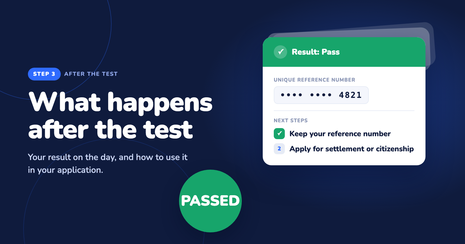 What happens after the Life in the UK test: a pass result screen with a unique reference number and next steps